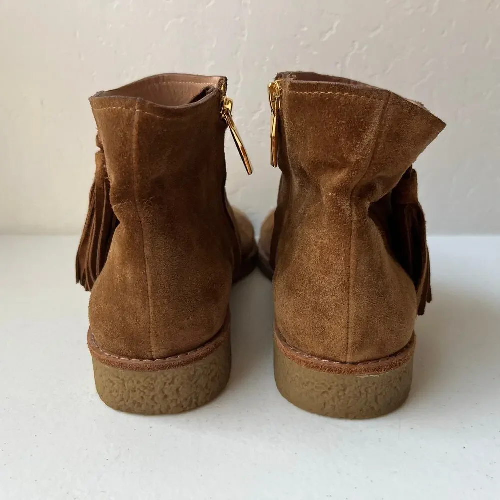 Kate Spade Size 8 Bellamy Ankle Boots Tan Suede Fringe Tassel Side Zip Neutral